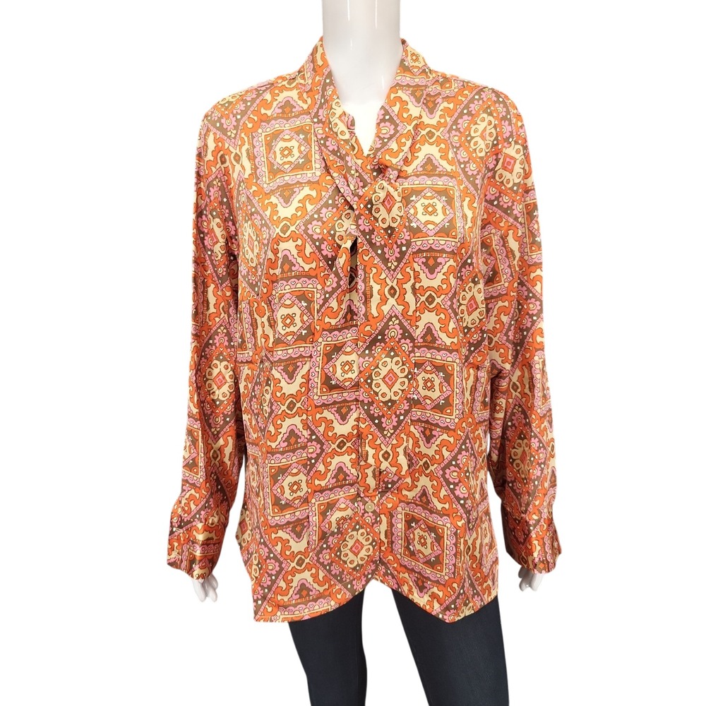 Laurie Felt Womens Long Sleeve Printed Woven Blouse Tie Neck Orange XL A372258